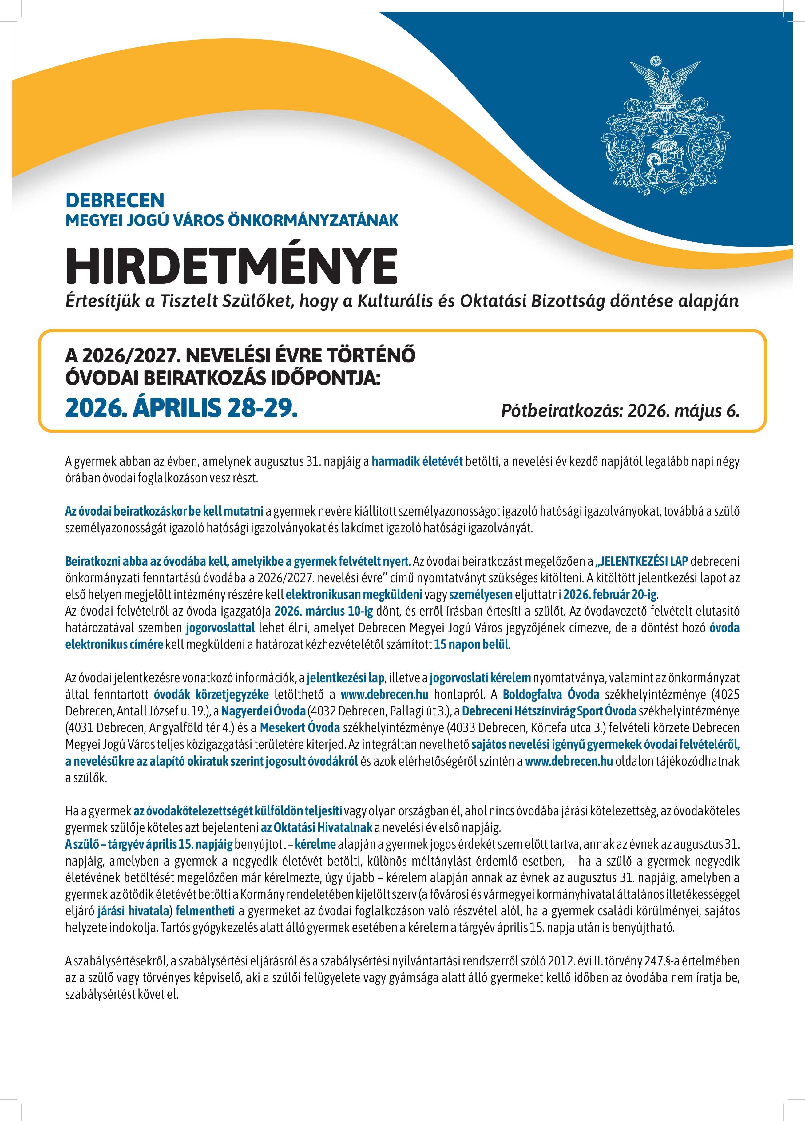 óvodai beiratkozás